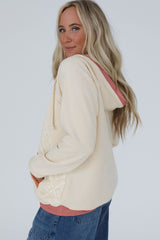 White Contrast Trim Crochet Knit Patchwork Exposed Seam Hoodie