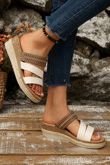 Coffee Hollowed Detail Color Block Straps Platform Wedge Slippers