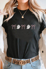 Black Halloween Ghost Bow Embroidered Loose T Shirt