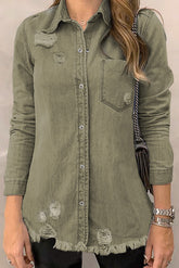 Khaki Raw Hem Distressed Denim Shirt Jacket