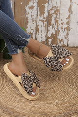 Khaki Contrast Leopard Bow Decor Casual Comfort Slippers