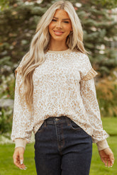 Khaki Leopard Ruffle Detail Ribbed Trim Round Neck Sweatshirt