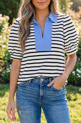 Black Stripe Short Puff Sleeve Color Block Polo Collar Blouse