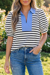 Black Stripe Short Puff Sleeve Color Block Polo Collar Blouse
