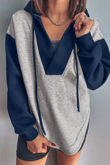 Light Grey Colorblock Patchwork V Neck Drawstring Hoodie