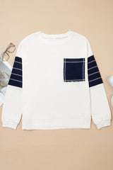 White Denim Patchwork Ribbed Round Neck Pullover Sweatshirt