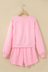 Pink Piping Trim Long Sporty Pullover Drawstring Elastic Waist Shorts Set