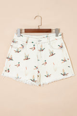 Beige Wild Duck Mallard High Waist Frayed Denim Shorts