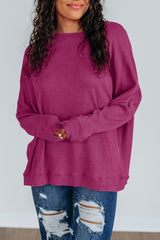 Bright Pink Ribbed Plain Long Sleeve Loose Top
