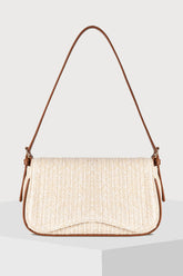 White Raffia Woven PU Leather Trim Shoulder Bag