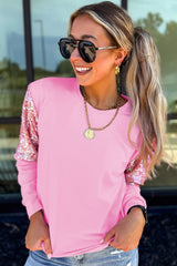 Pink Long Sleeve Sequin Round Neck Pullover Top