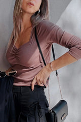 Old Rose Ruched Sweetheart Neck Ribbed Long Sleeve Top