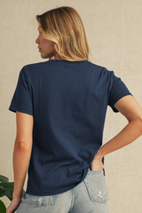 Dirty Blue Solid Color Round Neck T Shirt