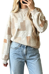 Khaki Patchwork Floral Print Mock Neck Long Sleeve Sweatshirt