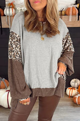 Gray Leopard Patchwork Dolman Sleeve High Low Baggy Sweatshirt