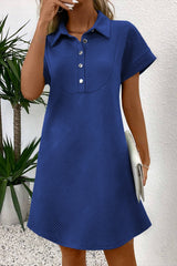 Sky Blue Solid Color Textured Short Sleeve A Line Mini Dress