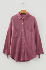 Fiery Red Pink Roll Tab Sleeve Ribbed Cording Shacket