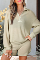 Parchment Textured Buttoned Long Sleeve Top 2 Piece Shorts Set