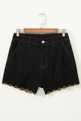 Black Embroidered Scalloped Trim Relaxed Denim Shorts