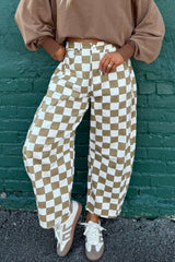 White Checkered Print Denim Barrel Pants