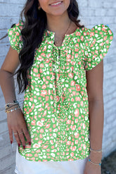 Green Abstract Leopard Tie Front Flutter Sleeve Blouse
