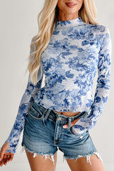Sky Blue Floral Print Long Sleeve Stand Neck Mesh Top