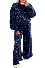 Brown Polka Dot Drawstring Wide Leg Long Sleeve Top Pant Set