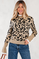 Dearlovers Brown Leopard Pattern Lace Ribbed Detail Button Cuffed Sweater