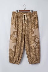 Khaki Plus Size Leopard Print Western Star Patched Jogger Pants