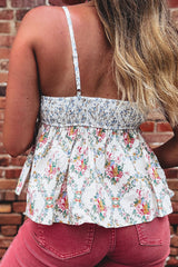 White Contrast Floral Printed Spaghetti Straps Babydoll Top