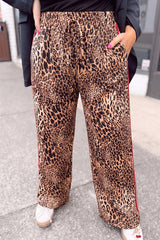 Khaki Leopard Print Colorblock Side Stripes Wide Leg Full Length Plus Size Pants