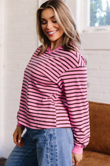 Pink Stripe V Neck Drop Shoulder Long Sleeve Top