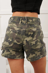 Green Camouflage High Rise Denim Shorts