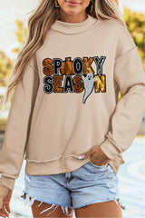 Apricot Sequin Spooky Season Graphic Mock Neck Halloween Sweatshirt