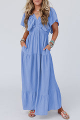 Sky Blue Textured V Neck Flutter Sleeve Ruffled Maxi Dress