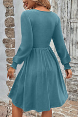 Canton Shirred Cuff Long Sleeve Button Round Neck Mini Dress