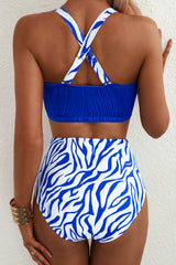 Dark Blue Shell Stitched Trim V Neck Textured Mix and Match High Waist Bikinis