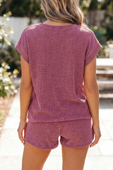 Pitaya Pink Twisted Ribbed Loose Tee Drawstring Elastic Waist 2pcs Short Set
