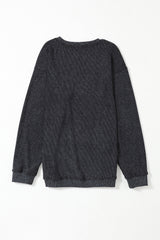 Black Plain Ribbed Round Neck Pullover Sweatshirt
