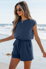 Ashleigh Blue Knit Open Back Cap Sleeve Drawstring Elastic Waistband Romper