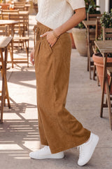 Thai Curry Elastic Waist Wooden Button Placket Ankle Length Wide Leg Pants
