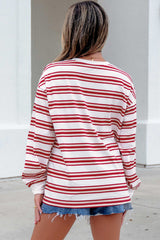 Red Stripe Dropped Shoulder Long Sleeve Casual Pullover Top