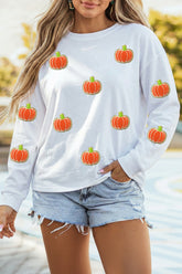White Glitter Chenille Pumpkin Patch Graphic Long Sleeve Top