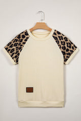 Apricot Ribbed Color Block Leopard Contrast Sleeve Loose Tee