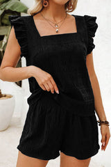 Black Textured Square Neck Top and Shirred High Waist Shorts Set