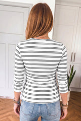 Beige Stripe Ribbed Knit Round Neck Long Sleeve Top