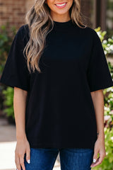 Black Solid Color High Neck Oversize Tee