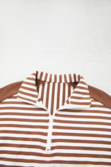 Brown Stripe Color Block Patchwork Quarter Zip Pullover Sporty Shorts Set
