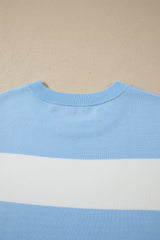 Sky Blue Stripe Colorblock Plus Size Short Sleeve Sweater