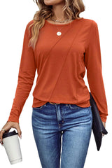 Red Clay Asymmetric Seam Detail Solid Color Long Sleeve Top